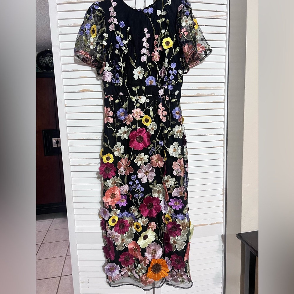 Storia Black Midi Dress with Multicolor Floral Embroidery